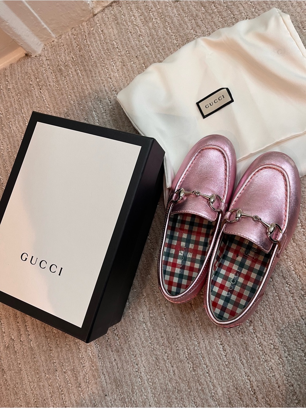 Girls Gucci Metallic Pink Horsebit Loafers with Plaid Lining